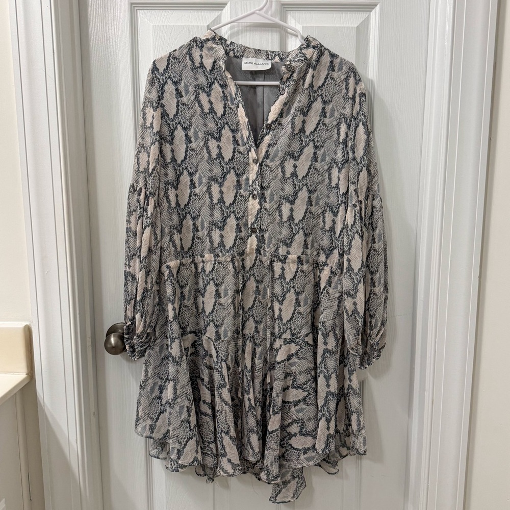 NWOT Made with Love Animal Reptile Print Button Down Tie Waist Mini Dress